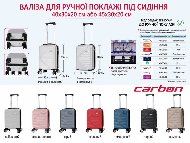 Валіза для Wizz Air ручна поклажа Carbon 66101 - 40x30x20 чорна 66101 XS black фото