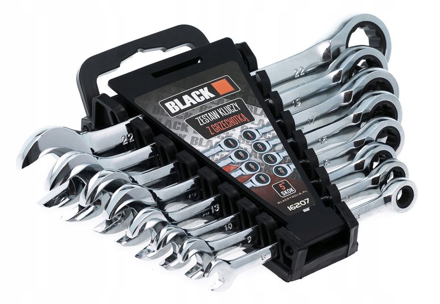 Набір ключів ріжково-накидних тріскачкових 8 шт (8, 9, 10, 13, 15, 17, 19, 22 мм) CrV Black Black_16207 фото